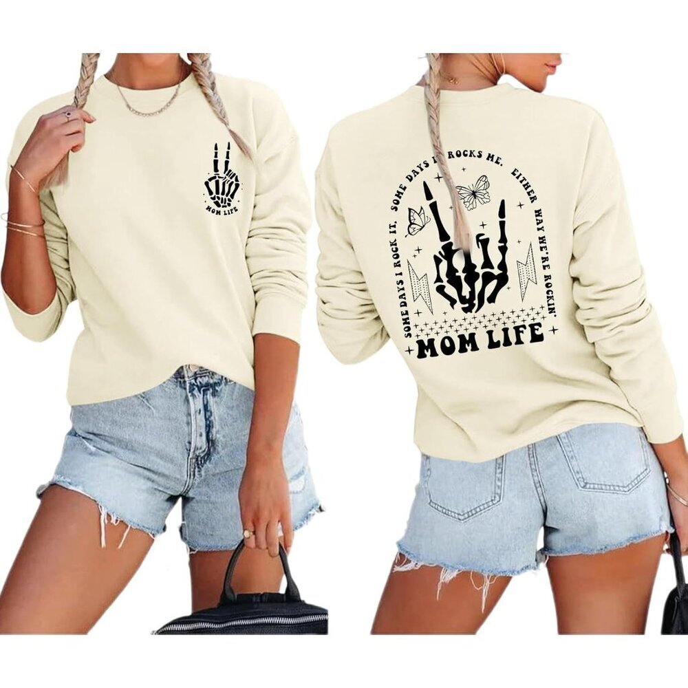 Mom Sweatshirt Cotton Blend Long Sleeve Halloween Skeleton Graphic Pullover